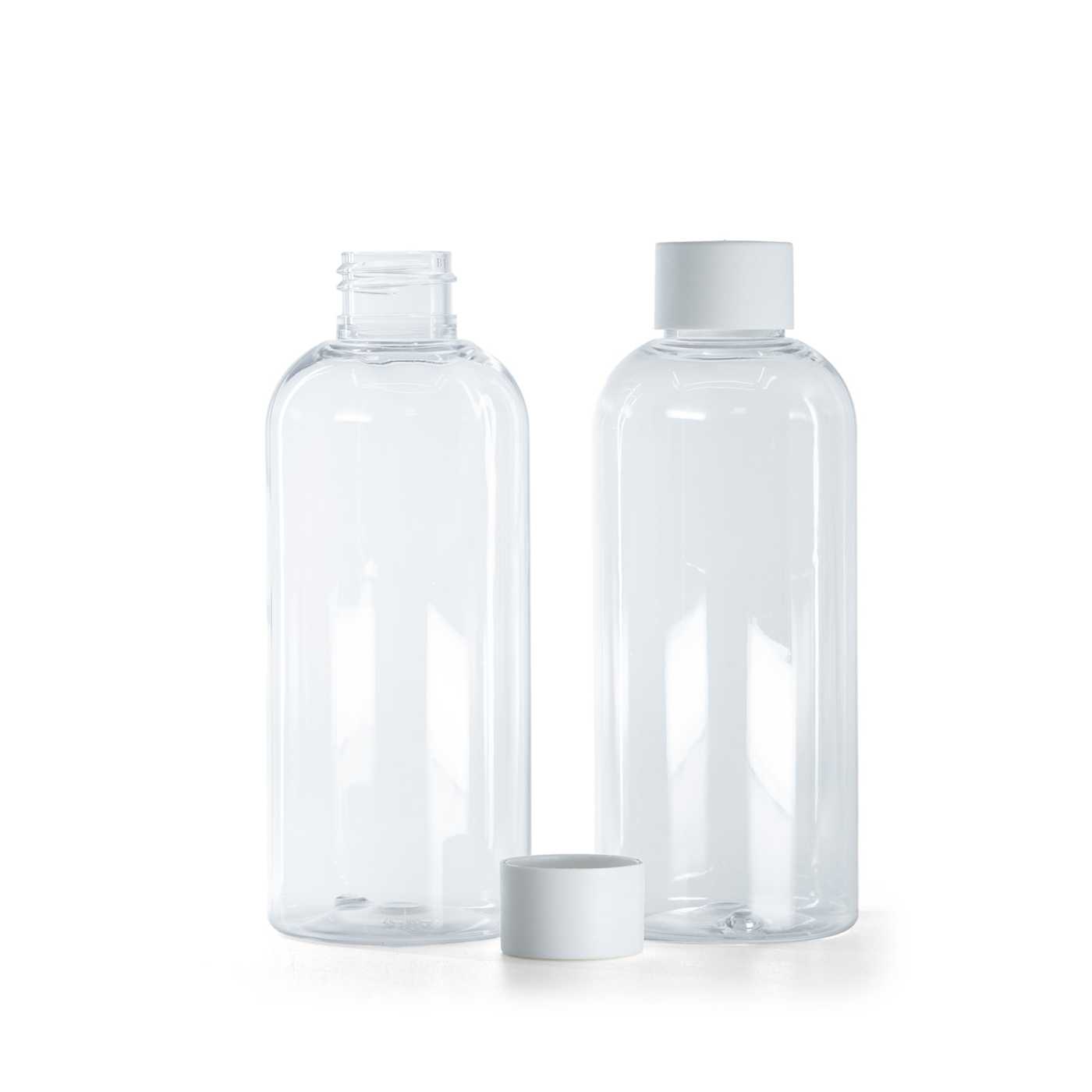Botella de plástico transparente, tapón blanco mate, 200 ml