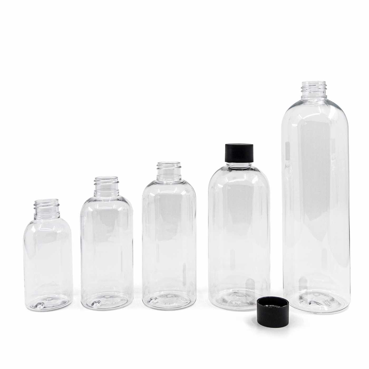 Plastová fľaša priehľadná okrúhla, čierny vrchnák, 200 ml