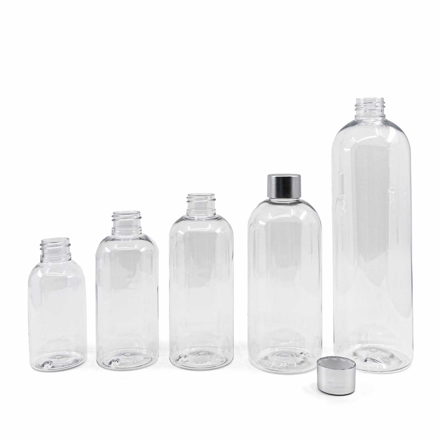 Plastová fľaša priehľadná okrúhla, strieborný vrchnák, 200 ml
