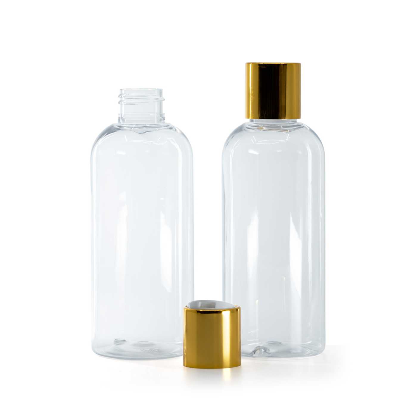 Botella redonda de plástico transparente, tapón disc-top dorado con centro blanco, 200 ml