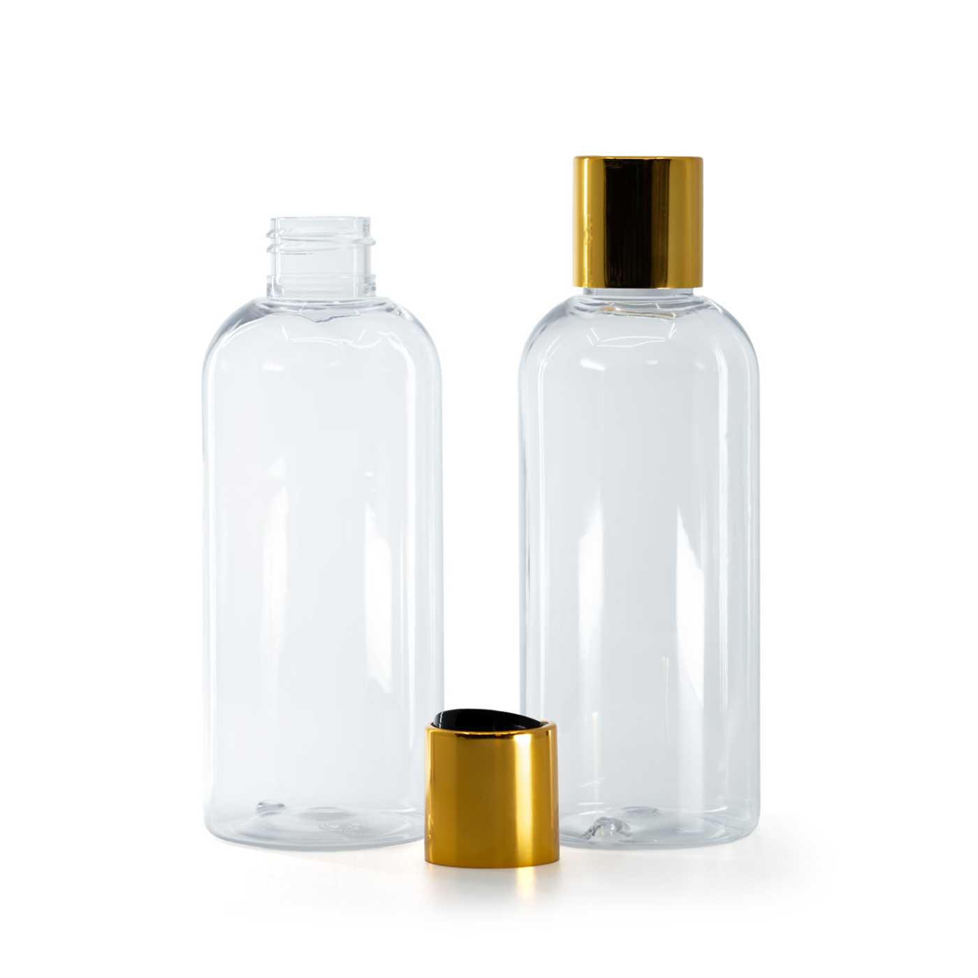 Botella de plástico transparente, 200 ml, tapón disc-top dorado con centro negro