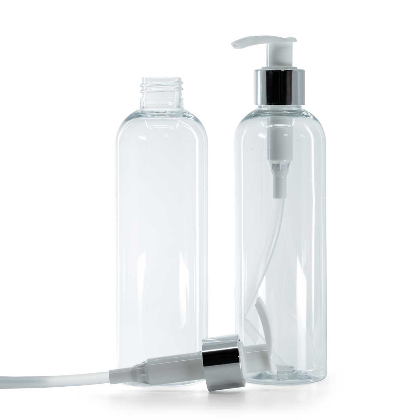 Plastová fľaša priehľadná, bielo-strieborný dávkovač, 250 ml