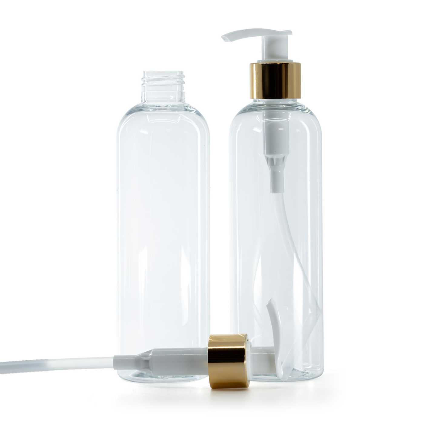 Plastová fľaša priehľadná, bielo-zlatý dávkovač, 250 ml
