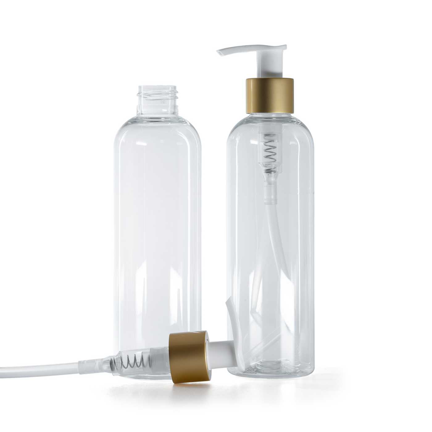 Plastová fľaša priehľadná, bielo-zlatý matný dávkovač, 250 ml