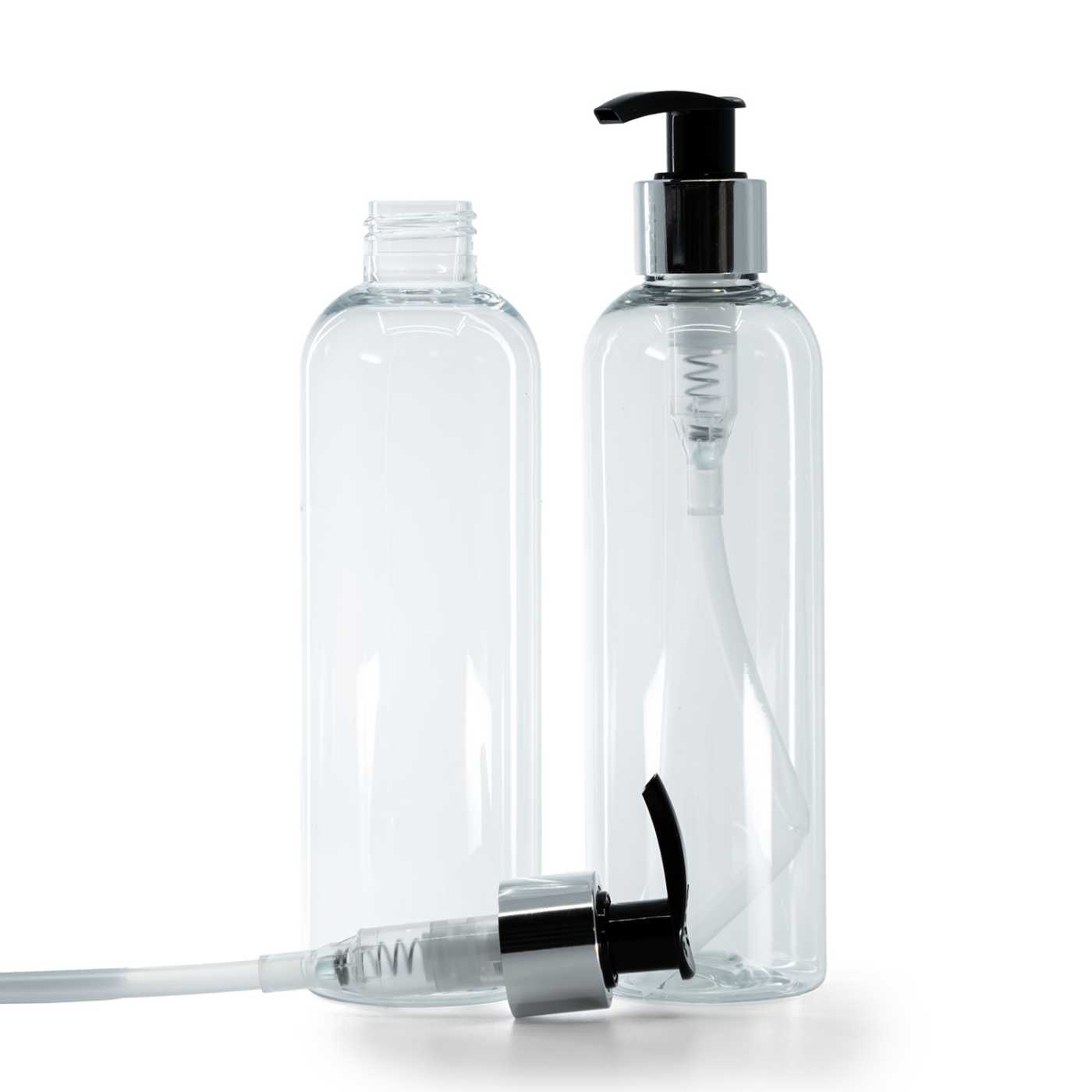 Plastová fľaša priehľadná, čierno-strieborný dávkovač, 250 ml