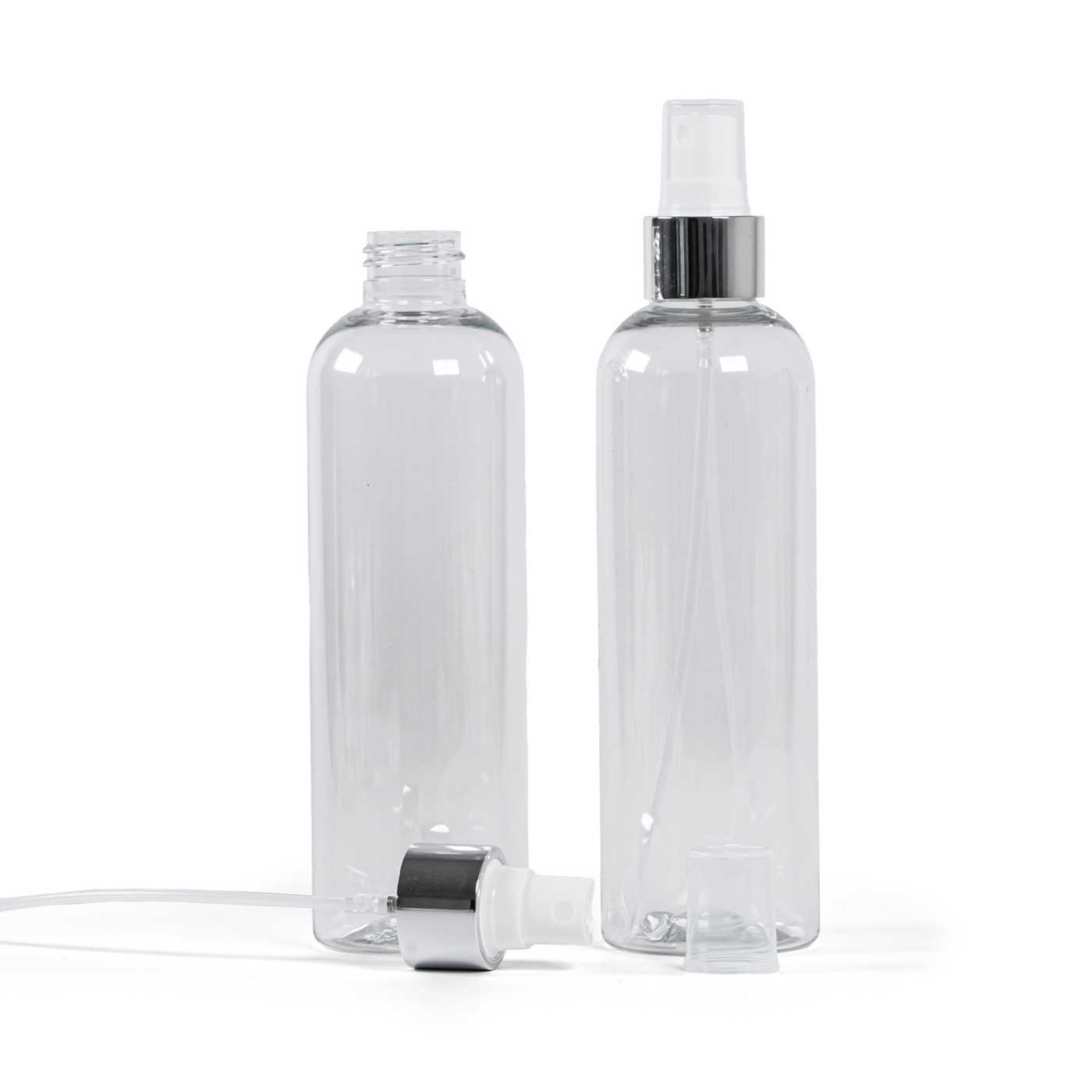 Plastová fľaša priehľadná, biely rozprašovač, strieborná lesklá obruč, 250 ml