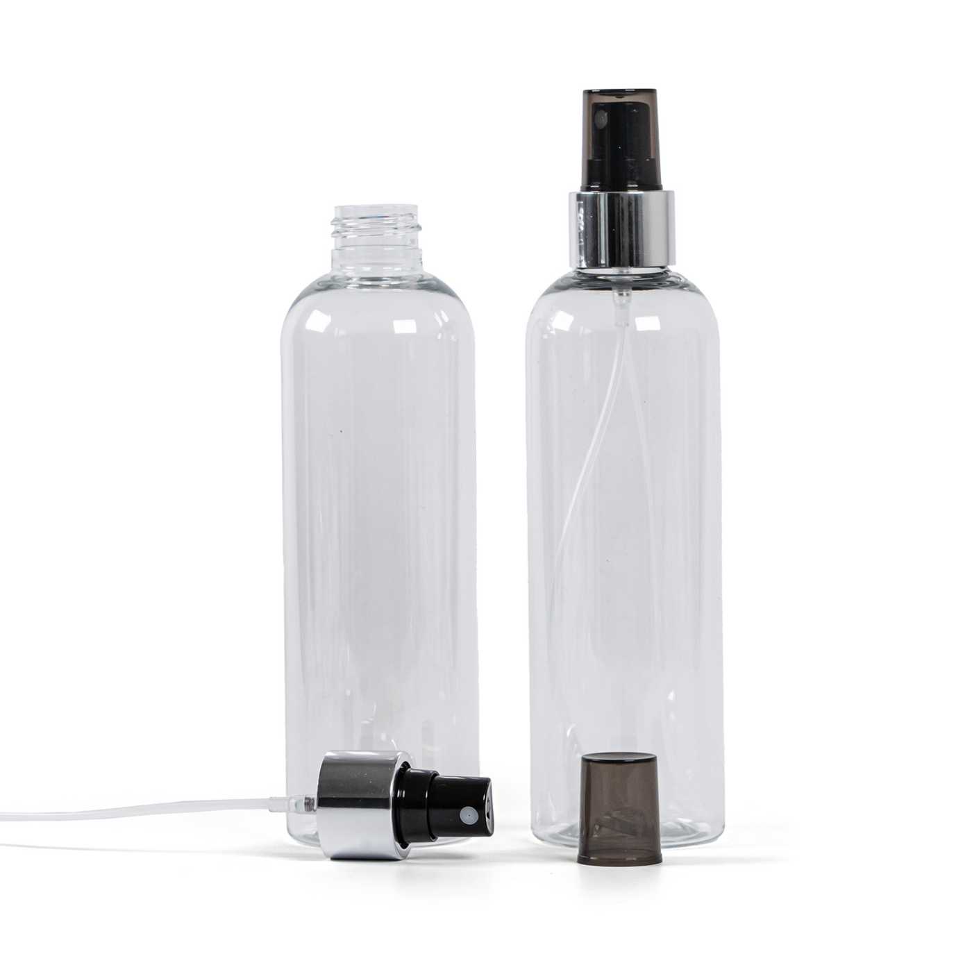 Plastová fľaša priehľadná, rozprašovač čierny, strieborná lesklá obruč, 250 ml