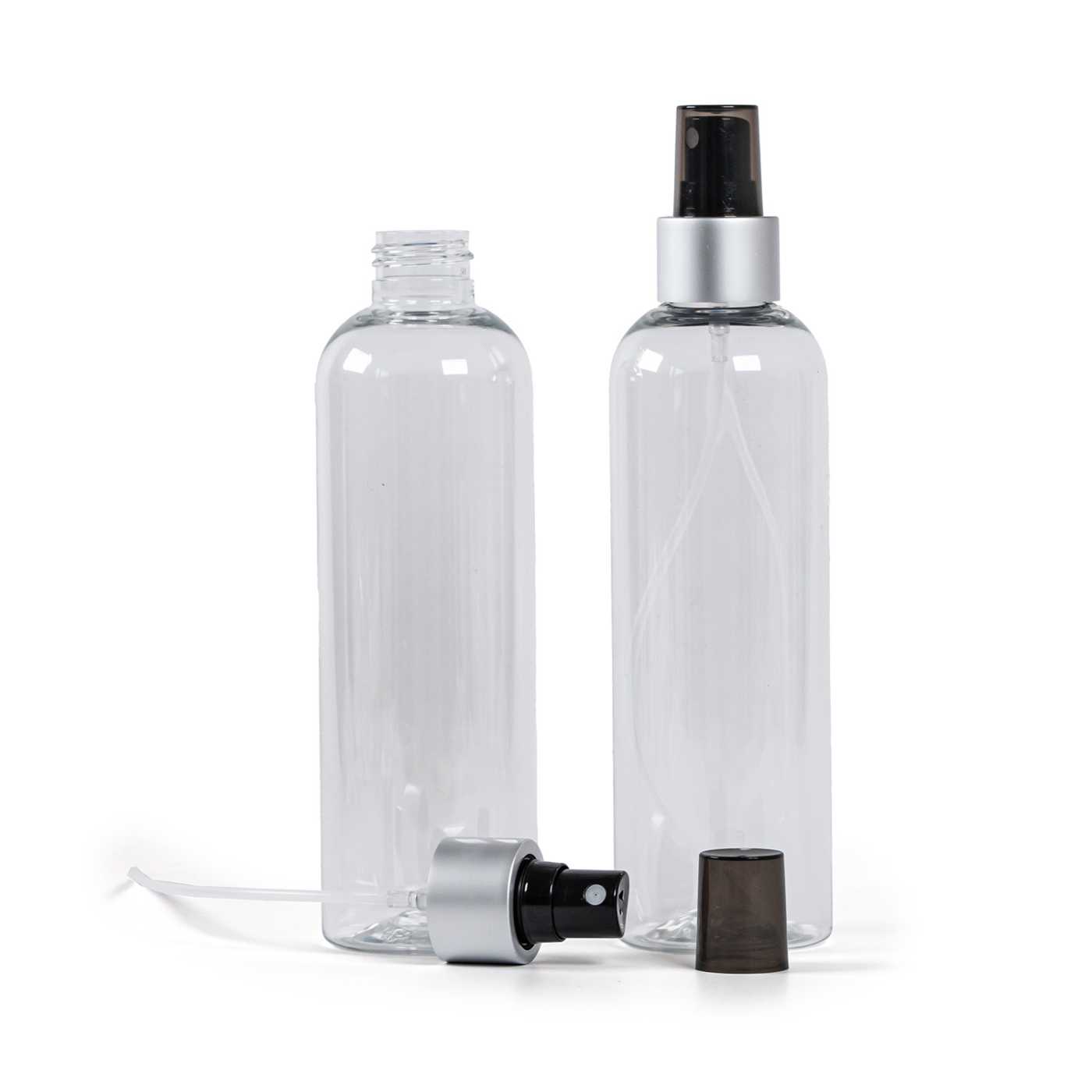 Plastová fľaša priehľadná, rozprašovač čierny, strieborná matná obruč, 250 ml