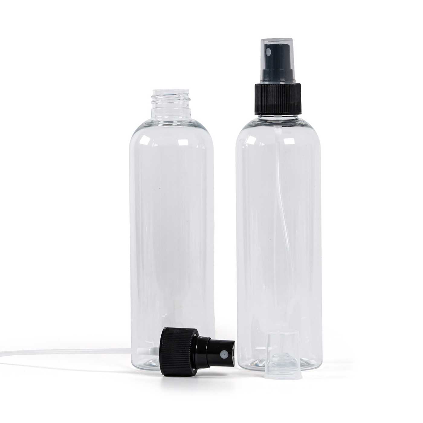 Plastová fľaša, priehľadná, čierny rozprašovač, 250 ml