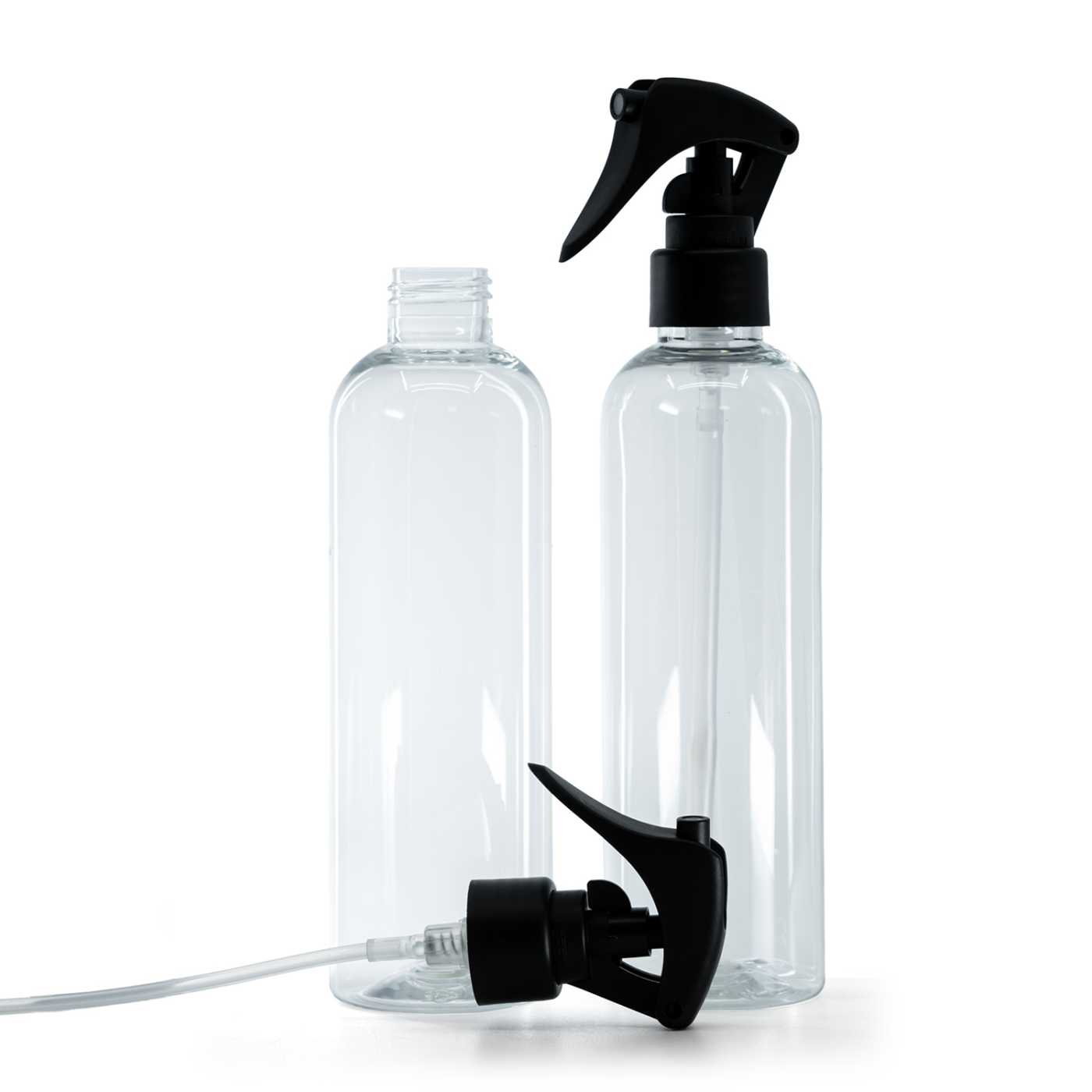 Butelka plastikowa, przezroczysta, spryskiwacz z dźwignią matowy czarny, gładki kołnierz, 250 ml