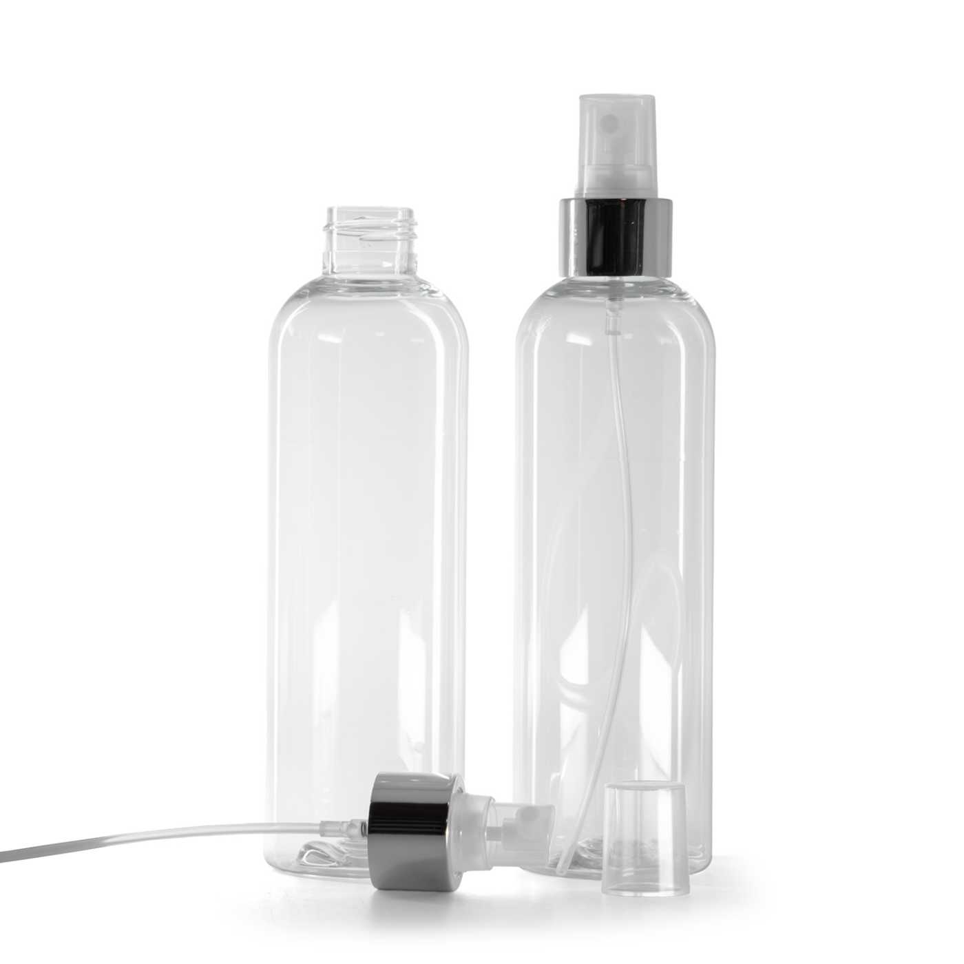 Plastová fľaša, priehľadná, priehľadný rozprašovač, strieborná lesklá obruč, 250 ml