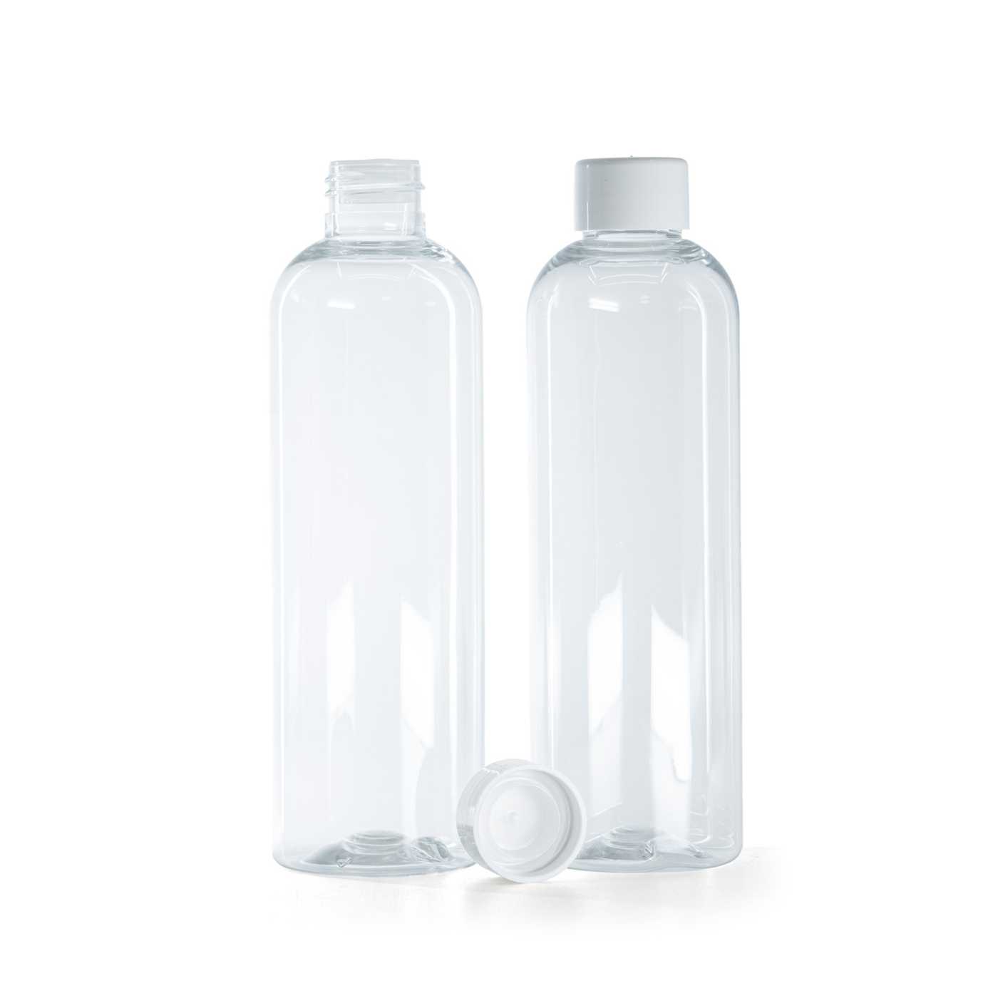 Plastová fľaša, priehľadná, vrchnák hladký biely s redukciou, 250 ml