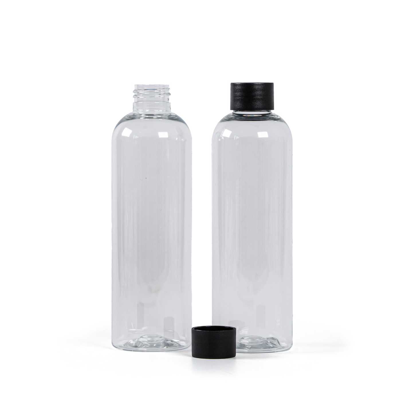 Plastová fľaša, priehľadná, 24/410, matný čierny vrchnák, 250 ml