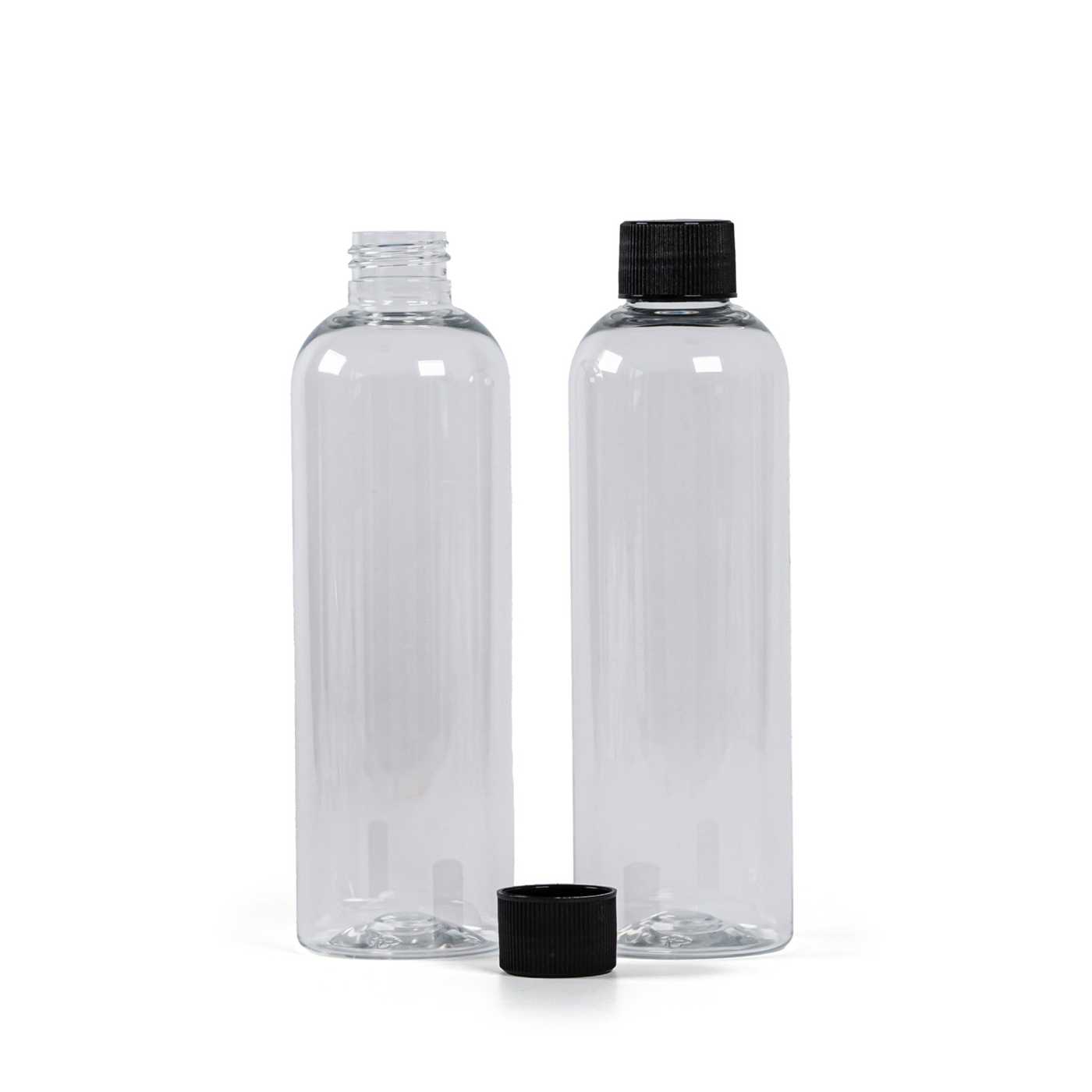 Plastová fľaša, priehľadná, čierny vrúbkovaný vrchnák, 250 ml