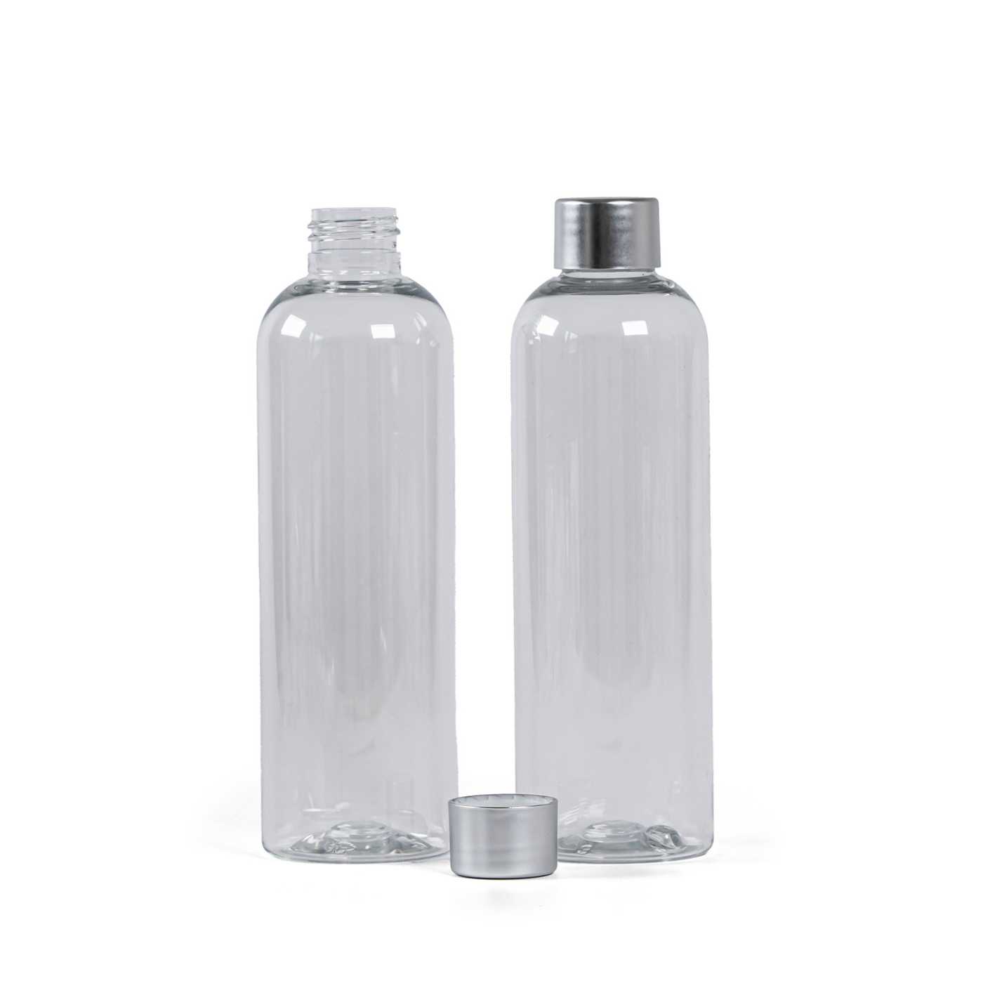 Plastová fľaša, priehľadná, matný strieborný vrchnák, 250 ml