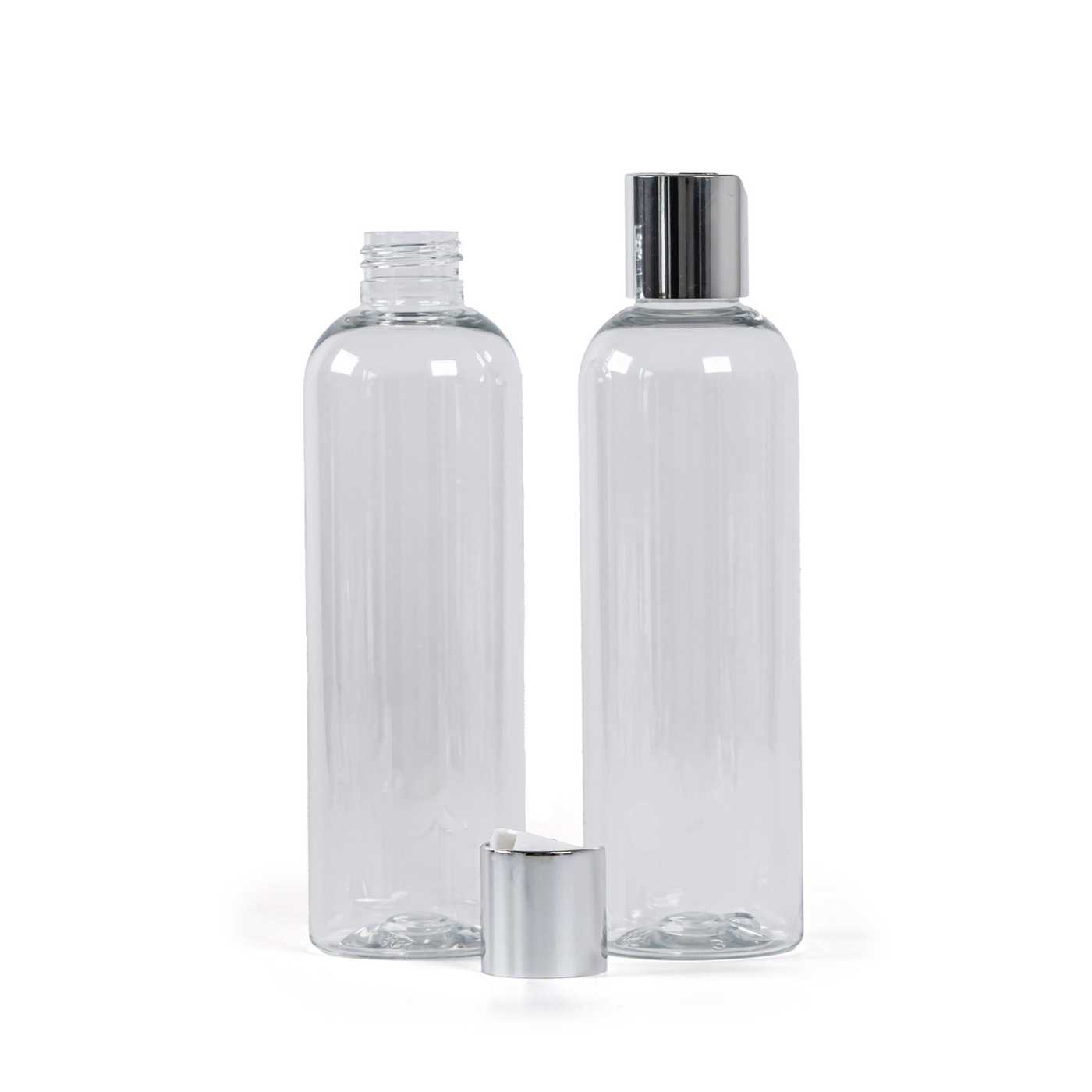 Plastová fľaša priehľadná, strieborný disc top, 250 ml