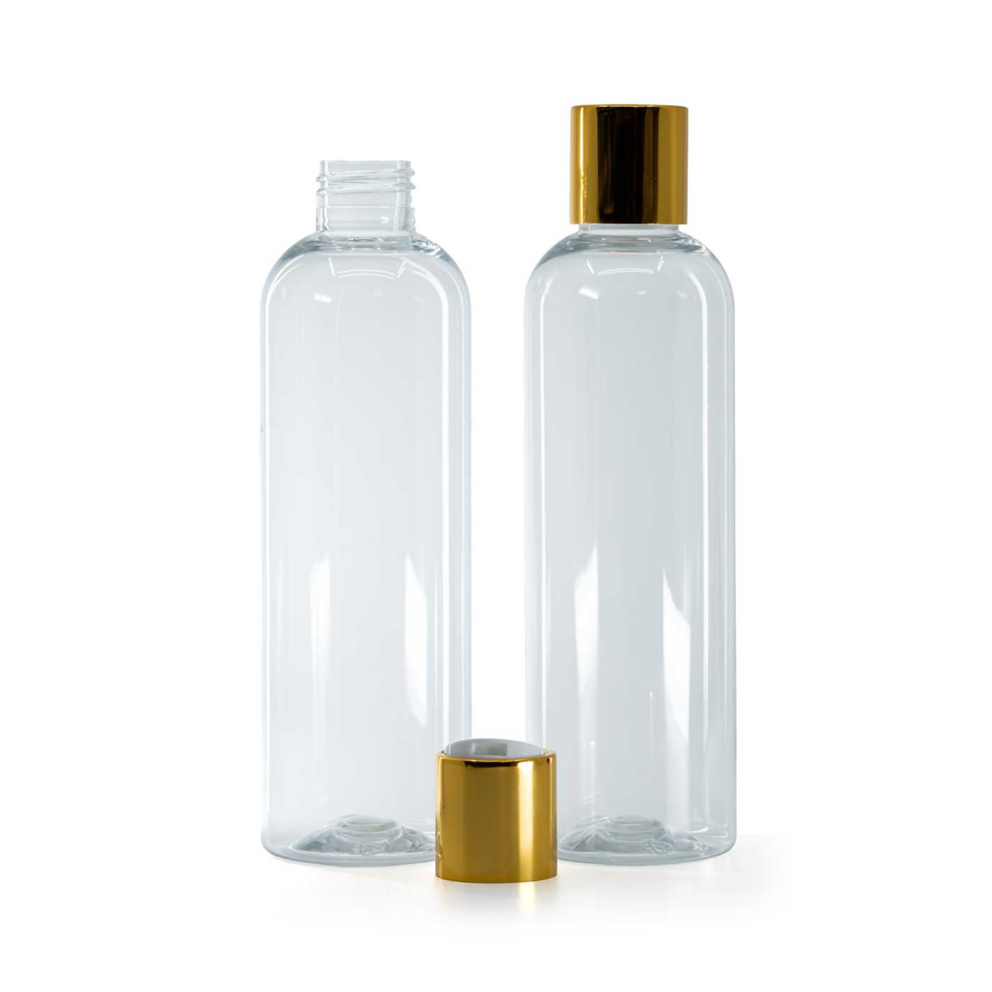 Plastová fľaša priehľadná, disc top vrchnák, zlatý, biely stred, 250 ml