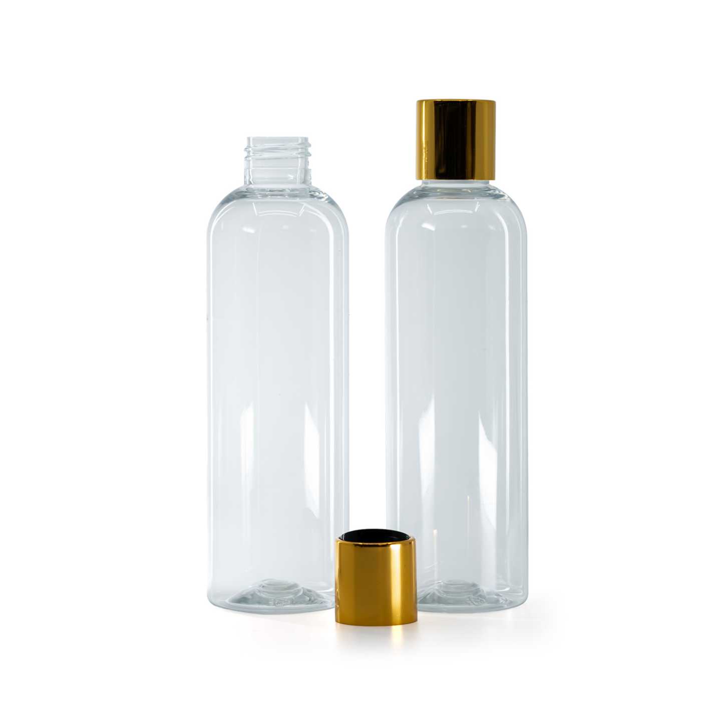 Plastová fľaša priehľadná, disc top vrchnák, zlatý, čierny stred, 250 ml