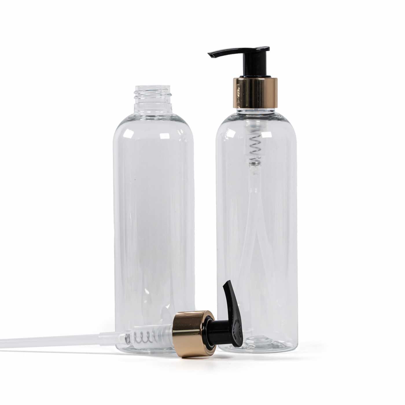 Műanyag palack, átlátszó, arany pumpa, 250 ml