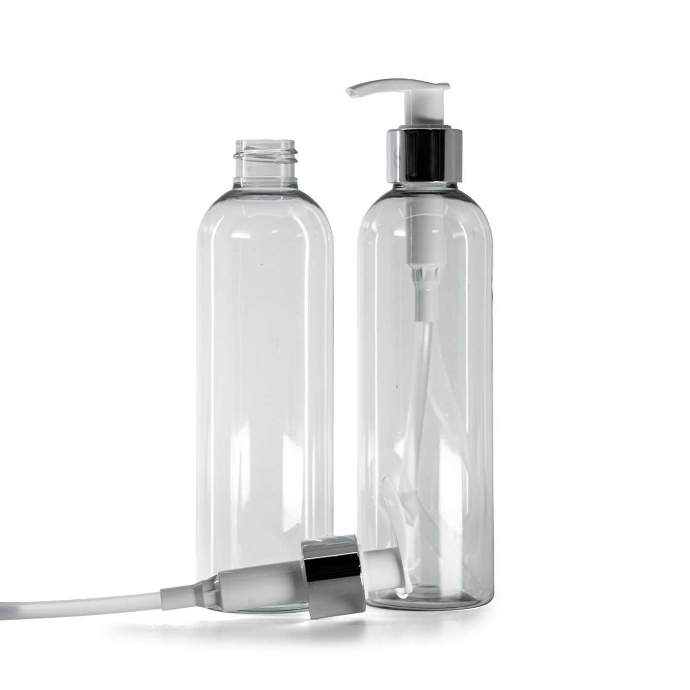 Plastová fľaša, recyklovaná, bielo-strieborný dávkovač, 250 ml