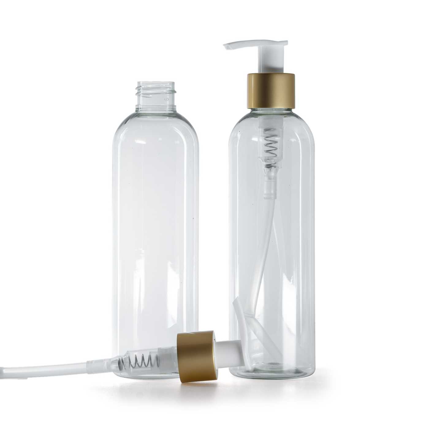Plastová fľaša, recyklovaná, bielo-zlatý matný dávkovač, 250 ml