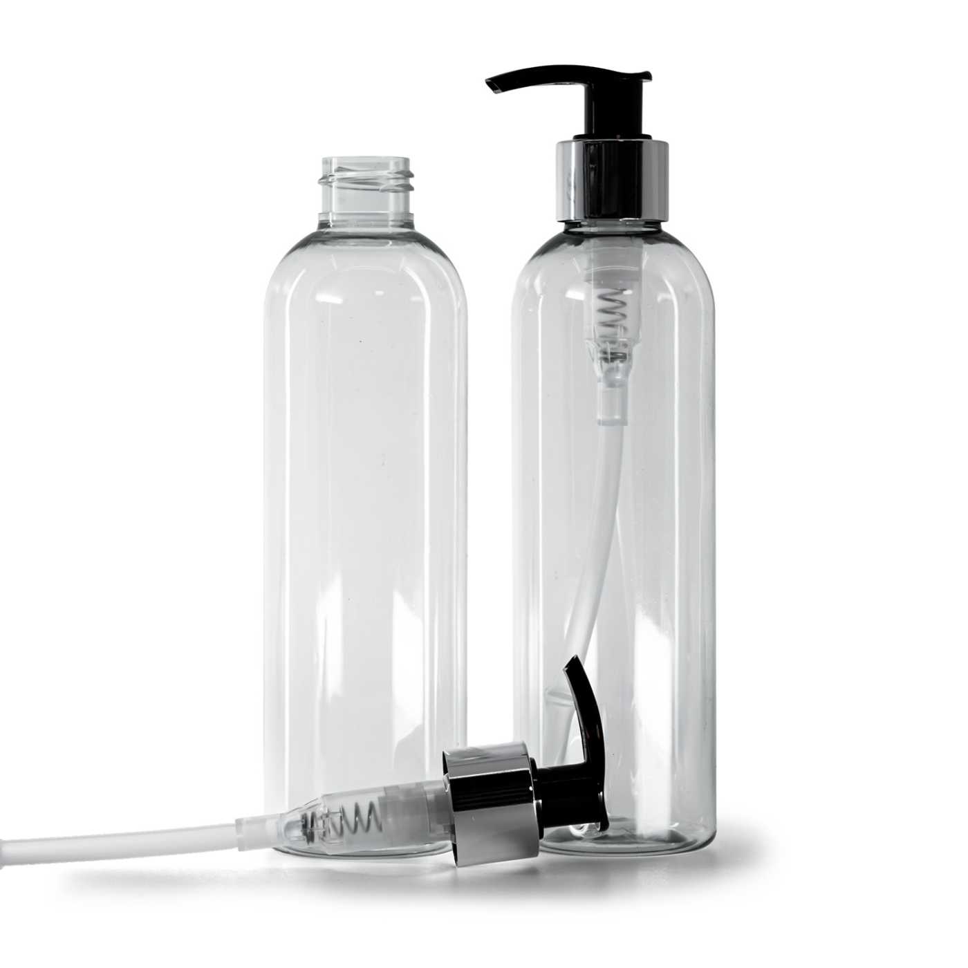 Plastová fľaša, recyklovaná, čierno-strieborný dávkovač, 250 ml