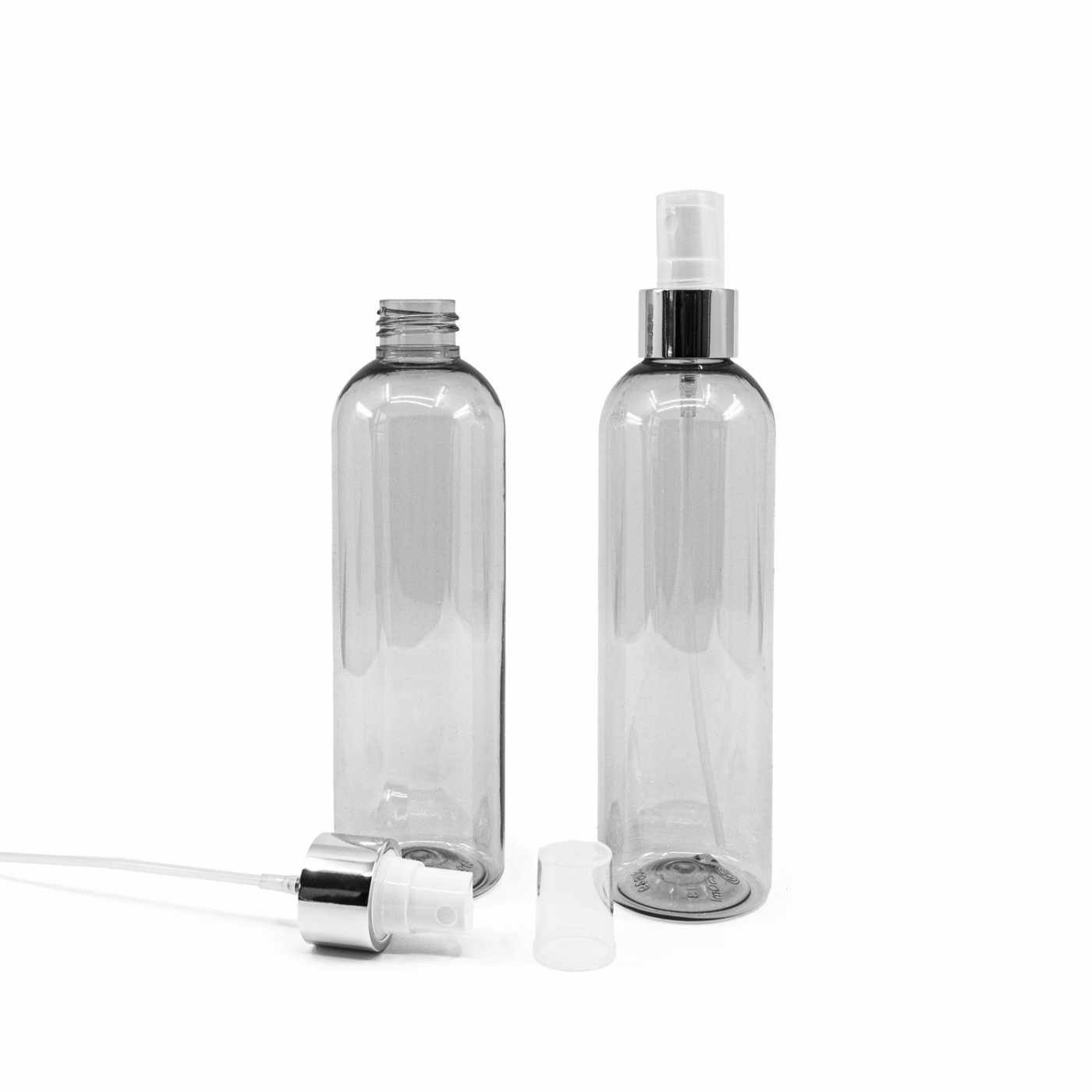 Plastová fľaša, recyklovaná, biely rozprašovač, strieborná lesklá obruč, 250 ml