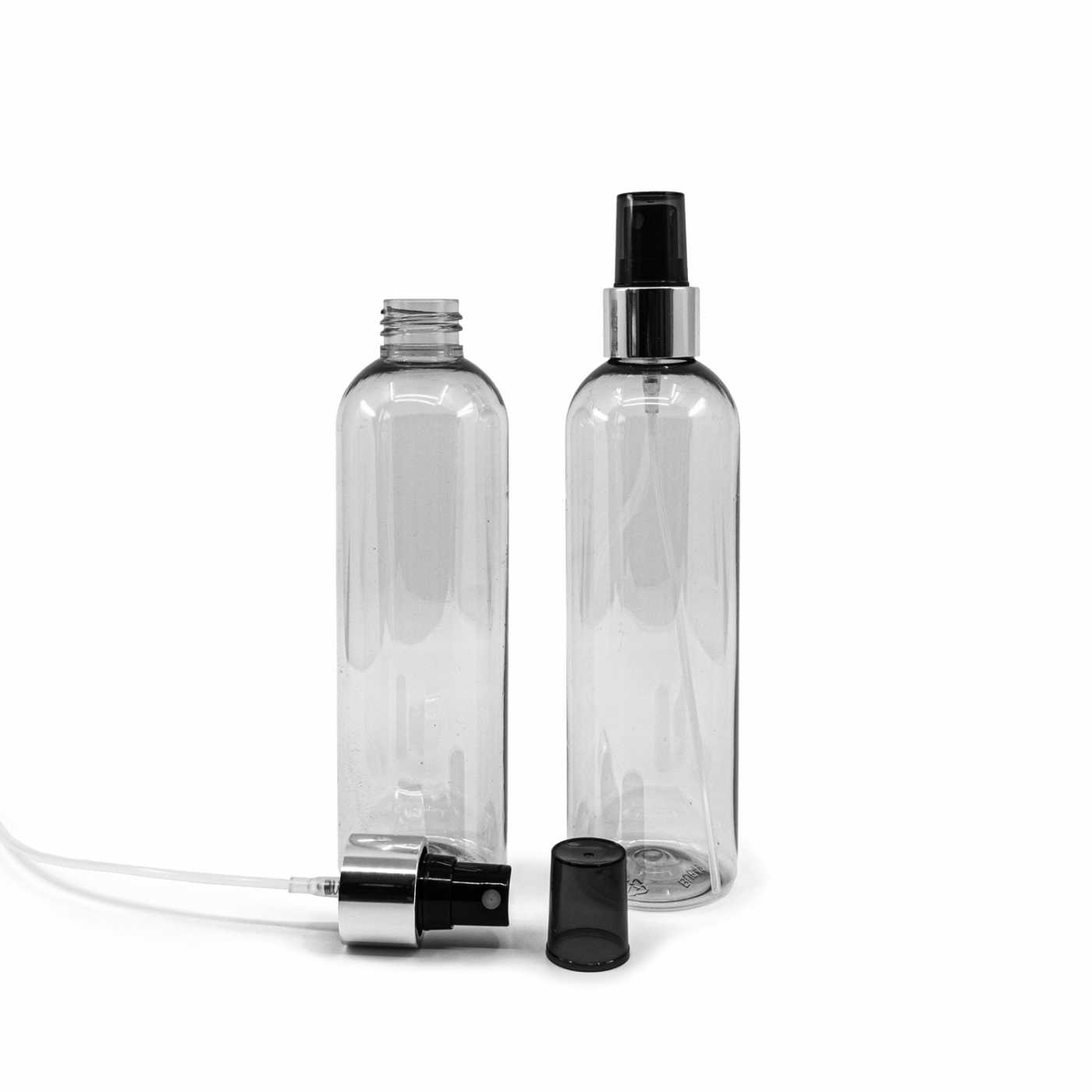 Plastová fľaša recyklovaná, rozprašovač čierny, strieborná lesklá obruč, 250 ml