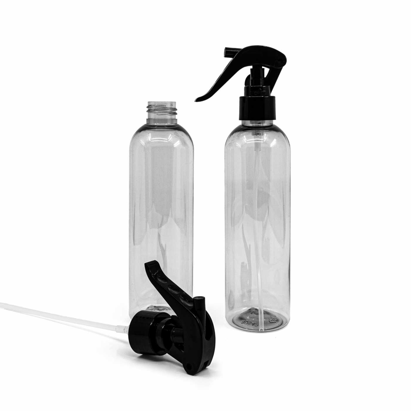 Plastová láhev z recyklátu, černý mechanický rozprašovač, 250 ml