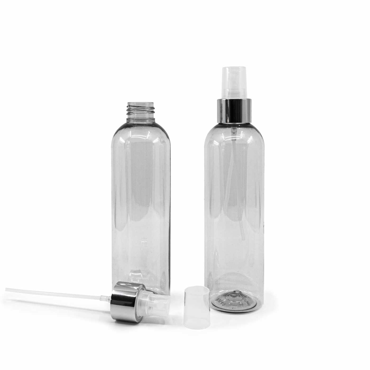 Plastová fľaša, recyklovaná, priehľadný rozprašovač, strieborná lesklá obruč, 250 ml