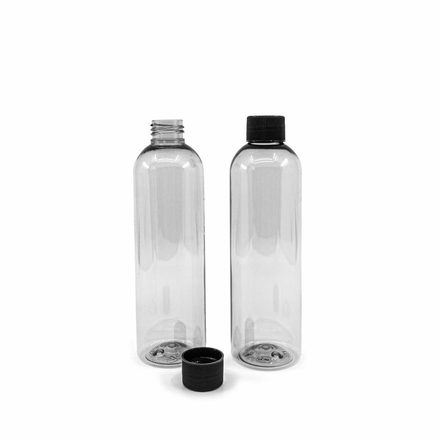 Plastová fľaša, recyklovaná 250 ml, čierny vrúbkovaný vrchnák