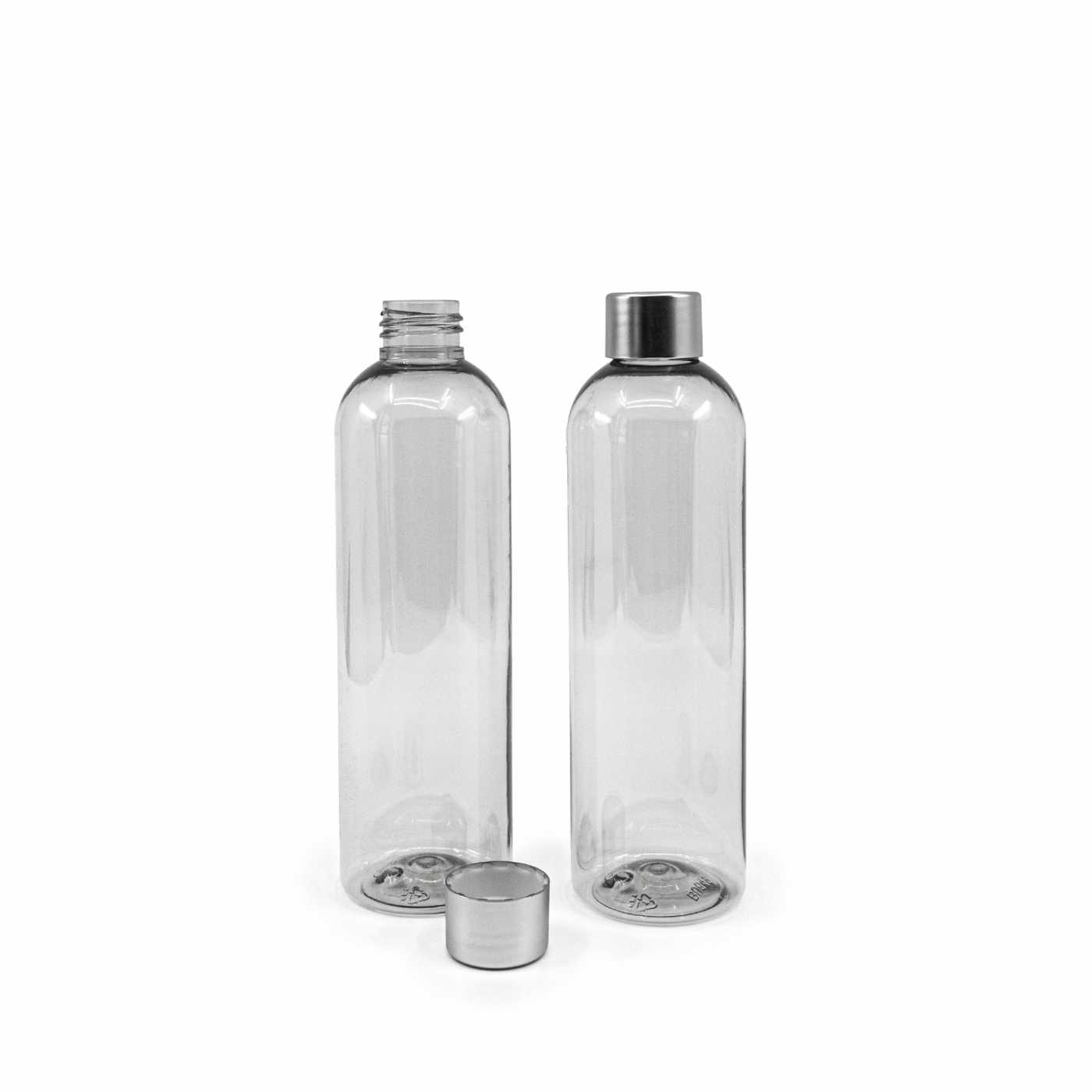 Plastová fľaša, recyklovaná 250 ml, strieborný vrchnák