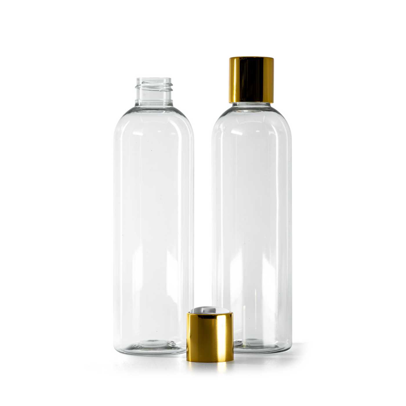 Plastová fľaša, recyklovaná, disc top vrchnák, zlatý, biely stred, 250 ml