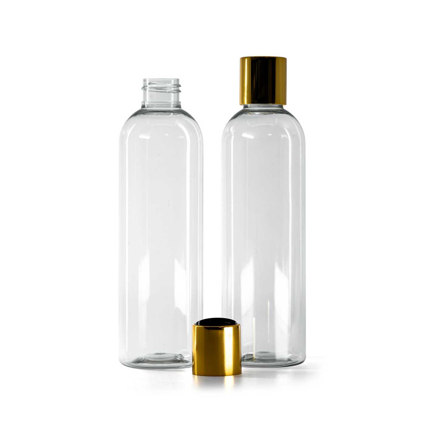 Plastová fľaša, recyklovaná, disc top vrchnák, zlatý, čierny stred, 250 ml