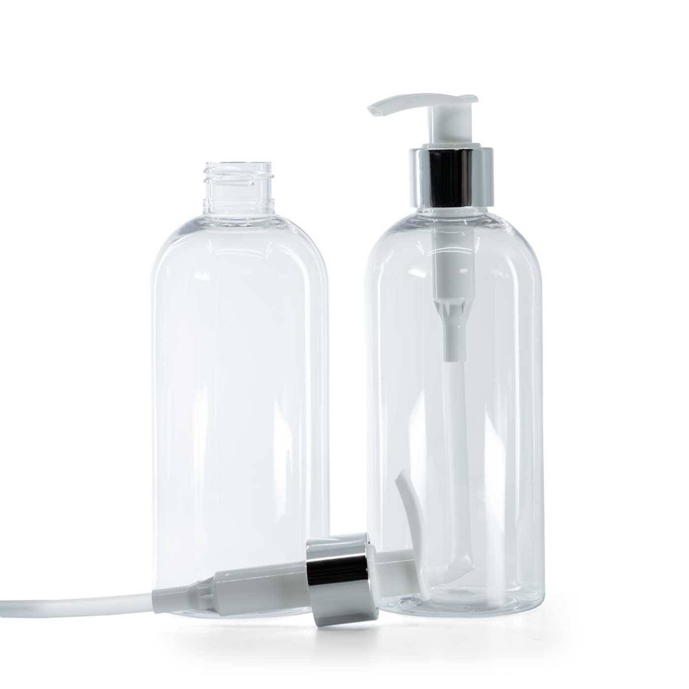 Plastová fľaša priehľadná okrúhla, bielo-strieborný dávkovač, 300 ml