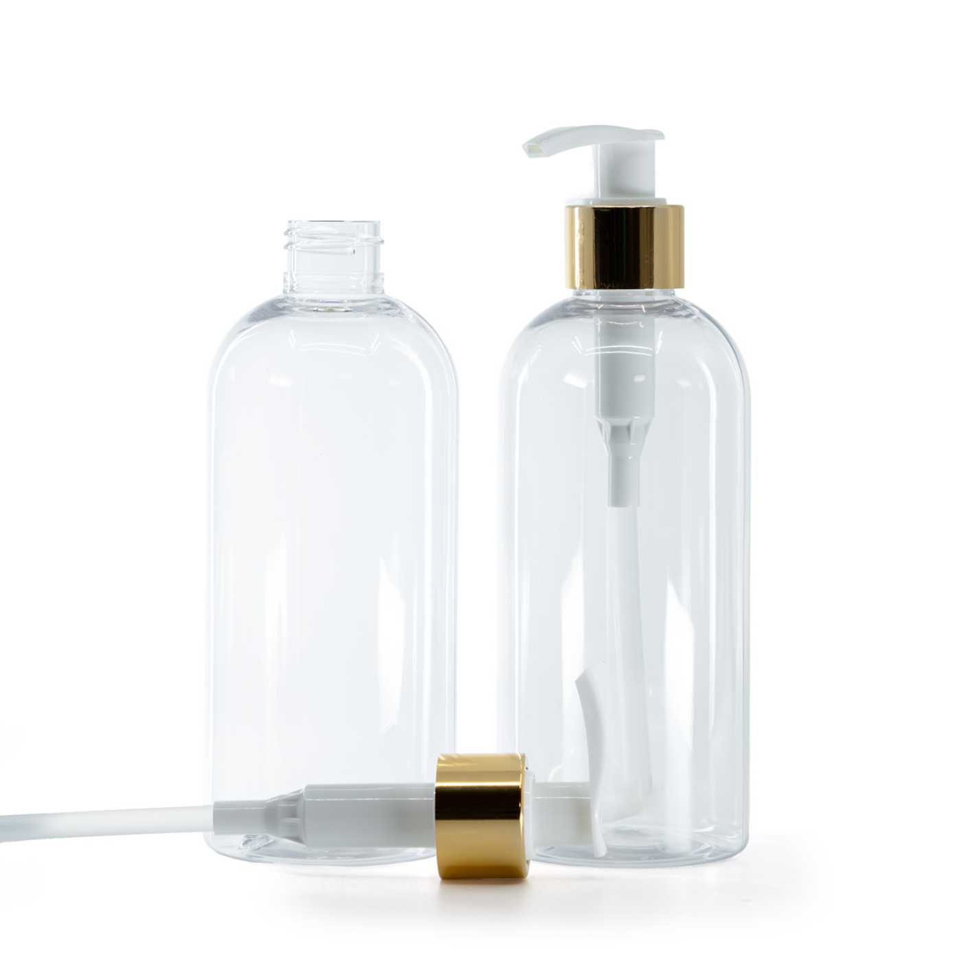 Plastová fľaša priehľadná okrúhla, bielo-zlatý dávkovač, 300 ml