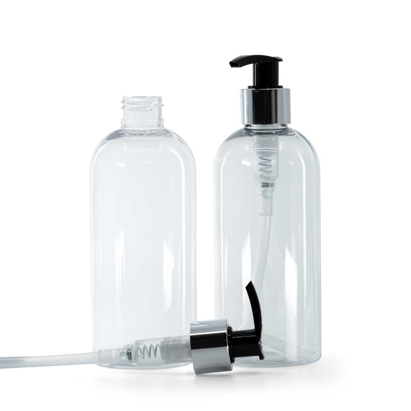 Plastová fľaša priehľadná, okrúhla, čierno-strieborný dávkovač, 300 ml