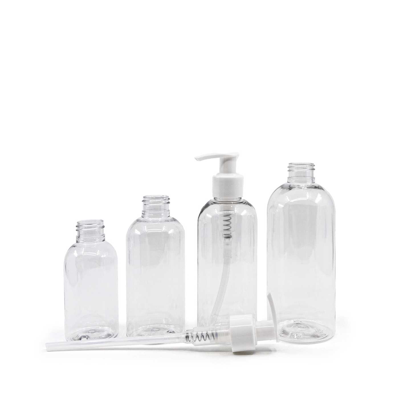 Plastová fľaša priehľadná okrúhla, biely dávkovač, 300 ml