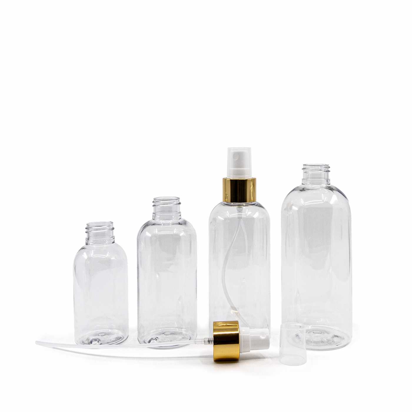 Plastová fľaša priehľadná okrúhla, biely rozprašovač, zlatá lesklá obruč, 300 ml