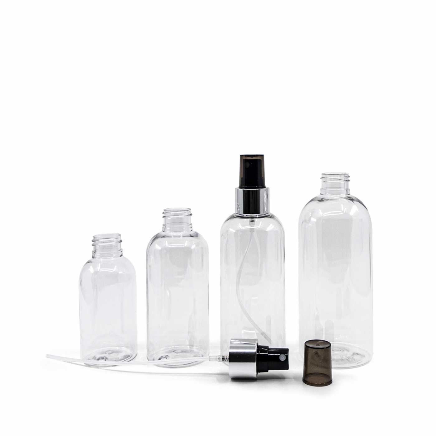 Plastová fľaša priehľadná okrúhla, rozprašovač čierny, strieborná lesklá obruč, 300 ml