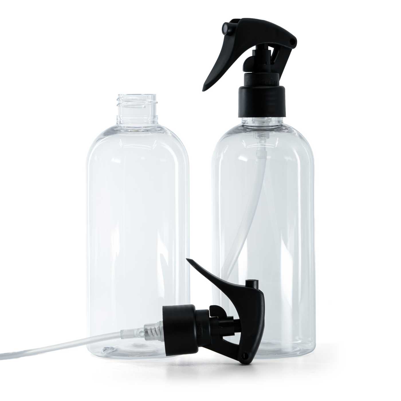 Plastová fľaša priehľadná okrúhla, matný čierny pákový rozprašovač, hladká obruč, 300 ml