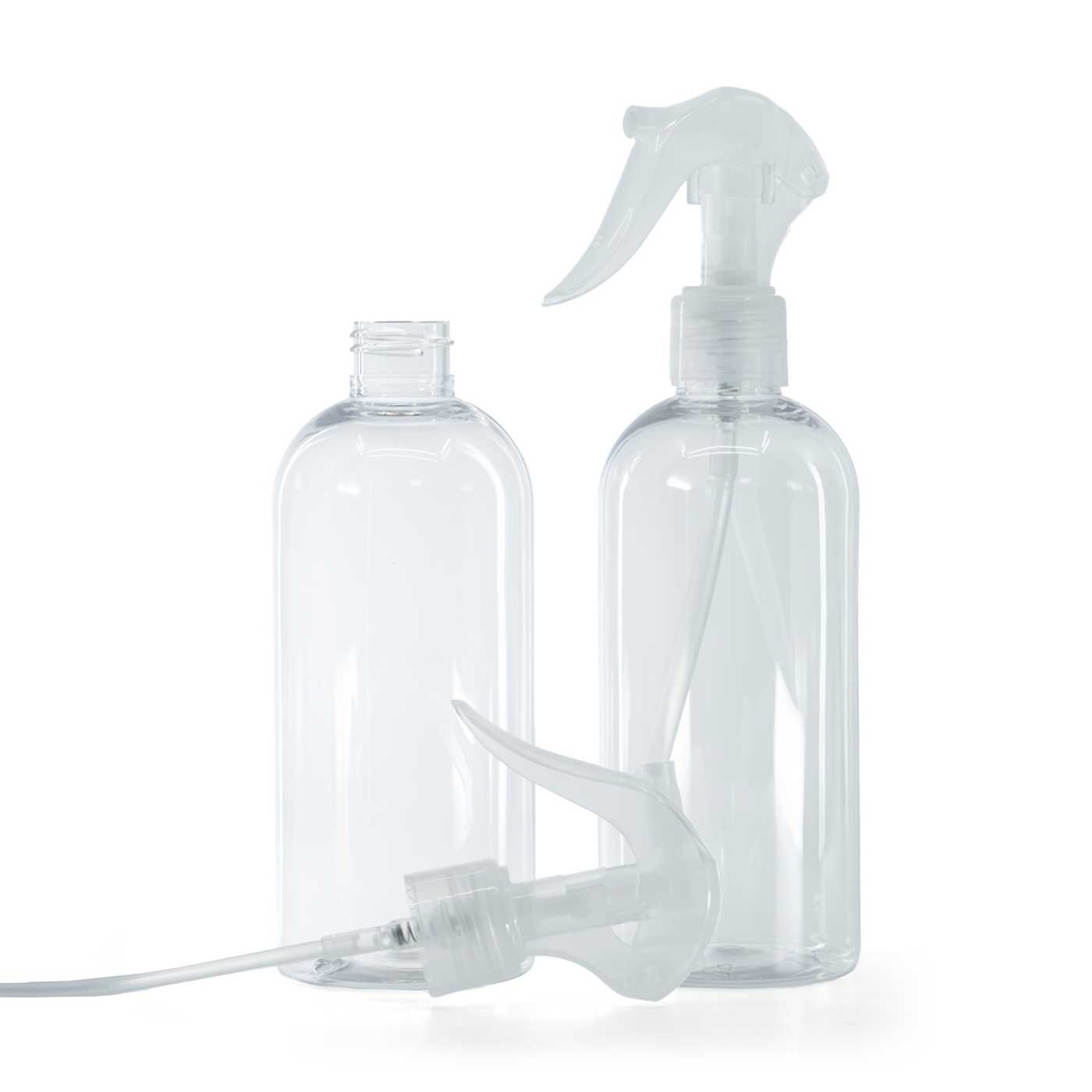 Átlátszó műanyag palack, kerek, átlátszó pisztolyos szórófej, 300 ml