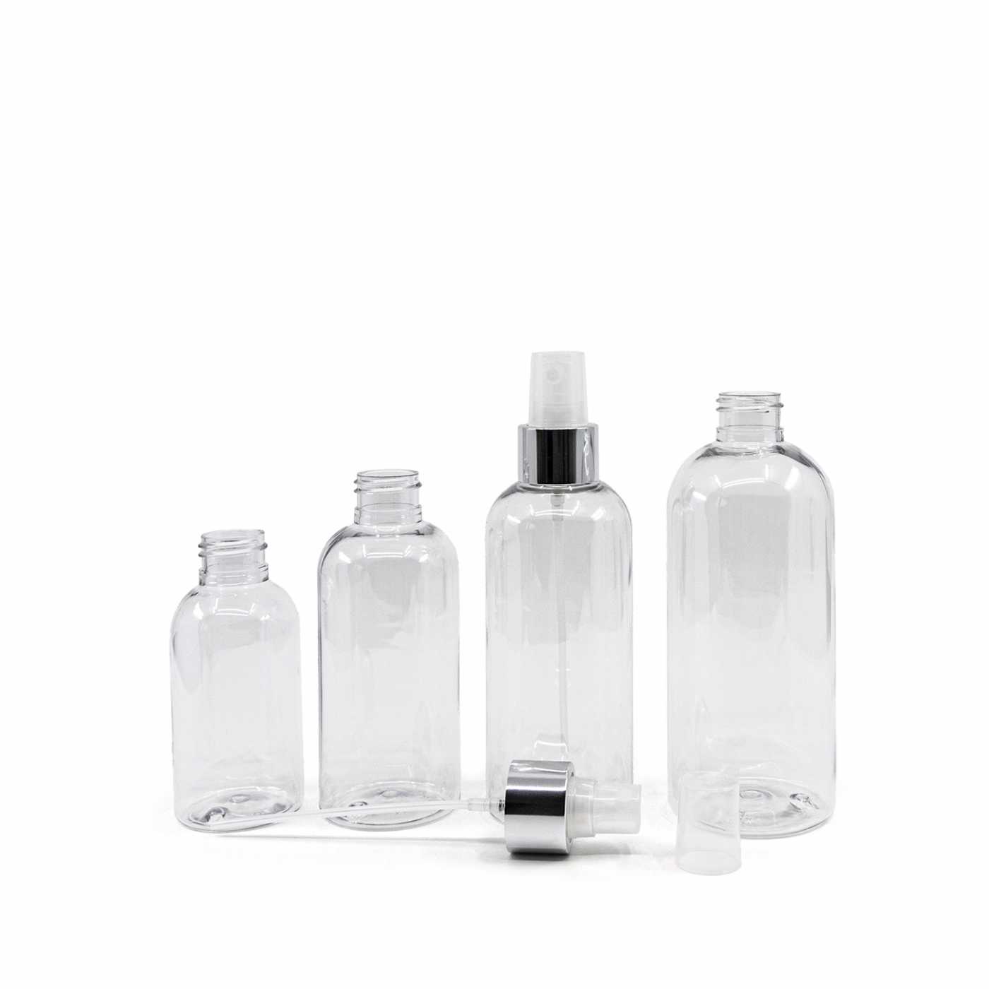 Plastová fľaša priehľadná okrúhla, priehľadný rozprašovač, strieborná lesklá obruč, 300 ml