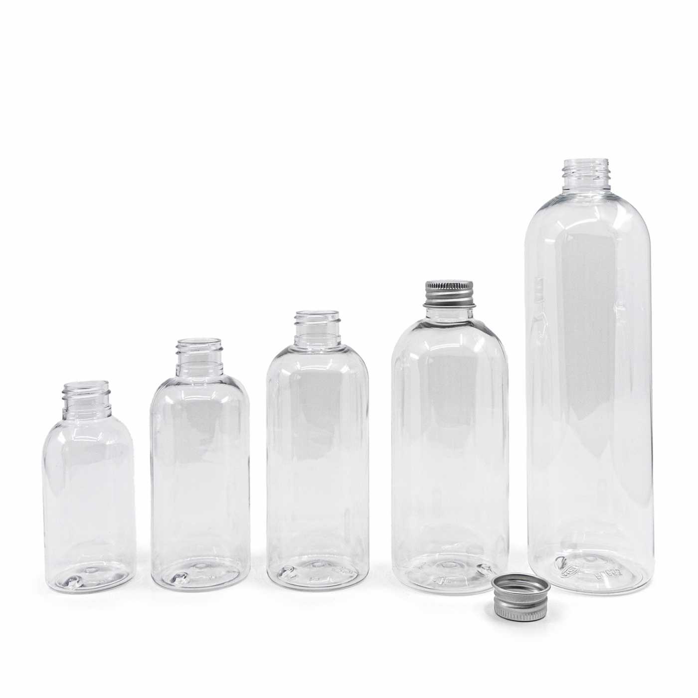 Plastová fľaša priehľadná okrúhla, hliníkový vrchnák, 300 ml