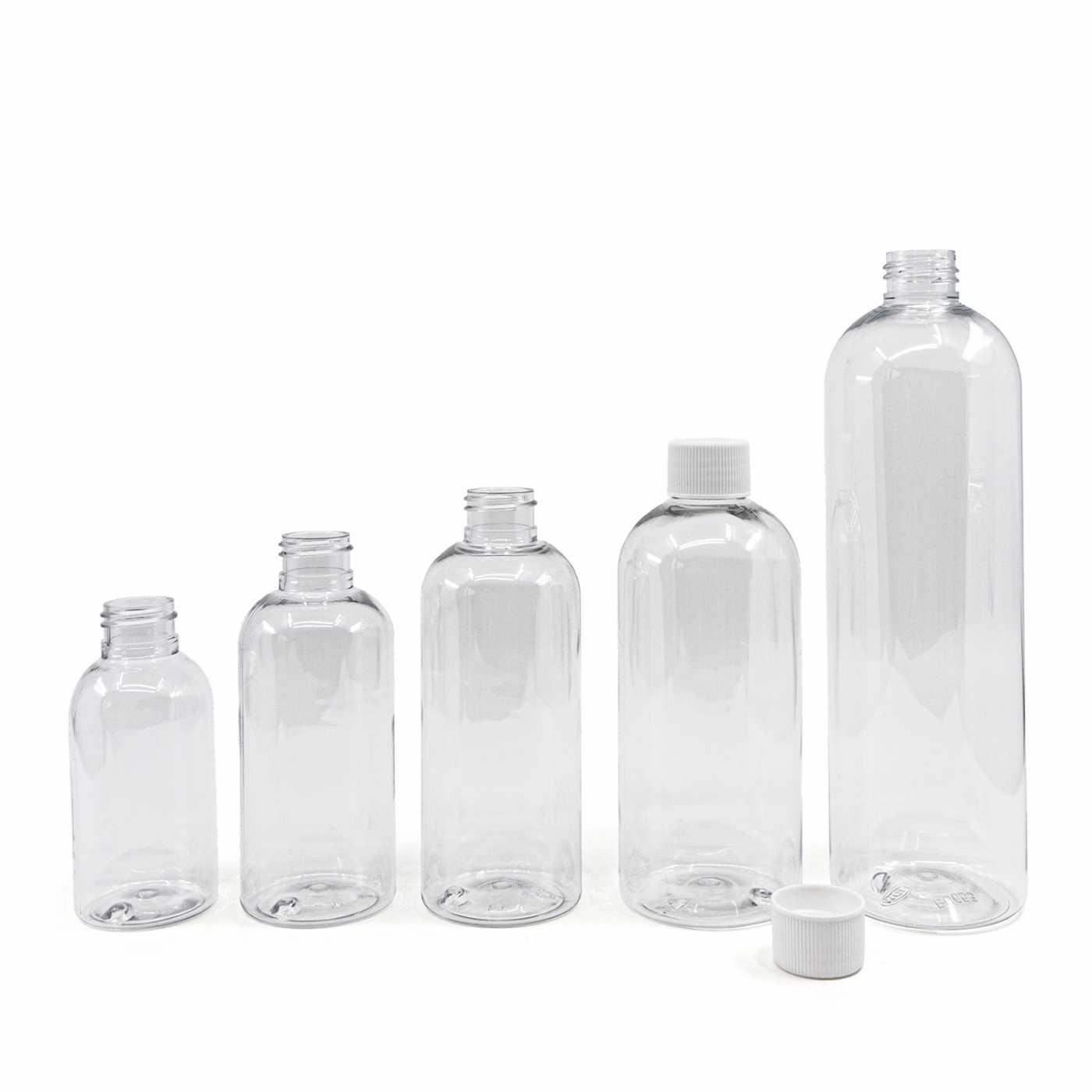 Plastová fľaša priehľadná okrúhla, biely vrchnák, 300 ml