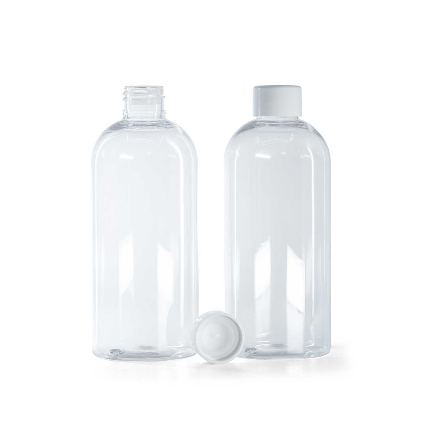 Plastová fľaša priehľadná okrúhla, vrchnák hladký biely s redukciou, 300 ml