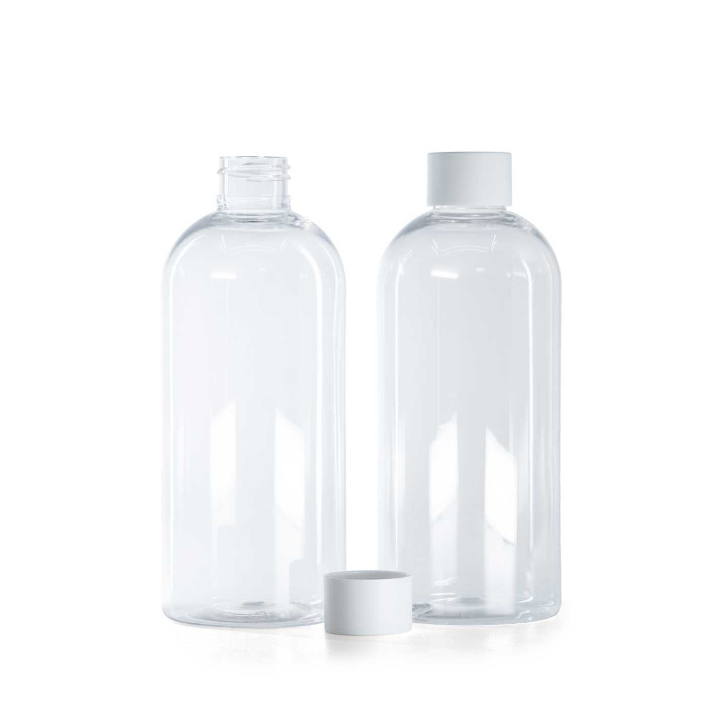 Plastová fľaša priehľadná okrúhla, vrchnák matný biely, 300 ml