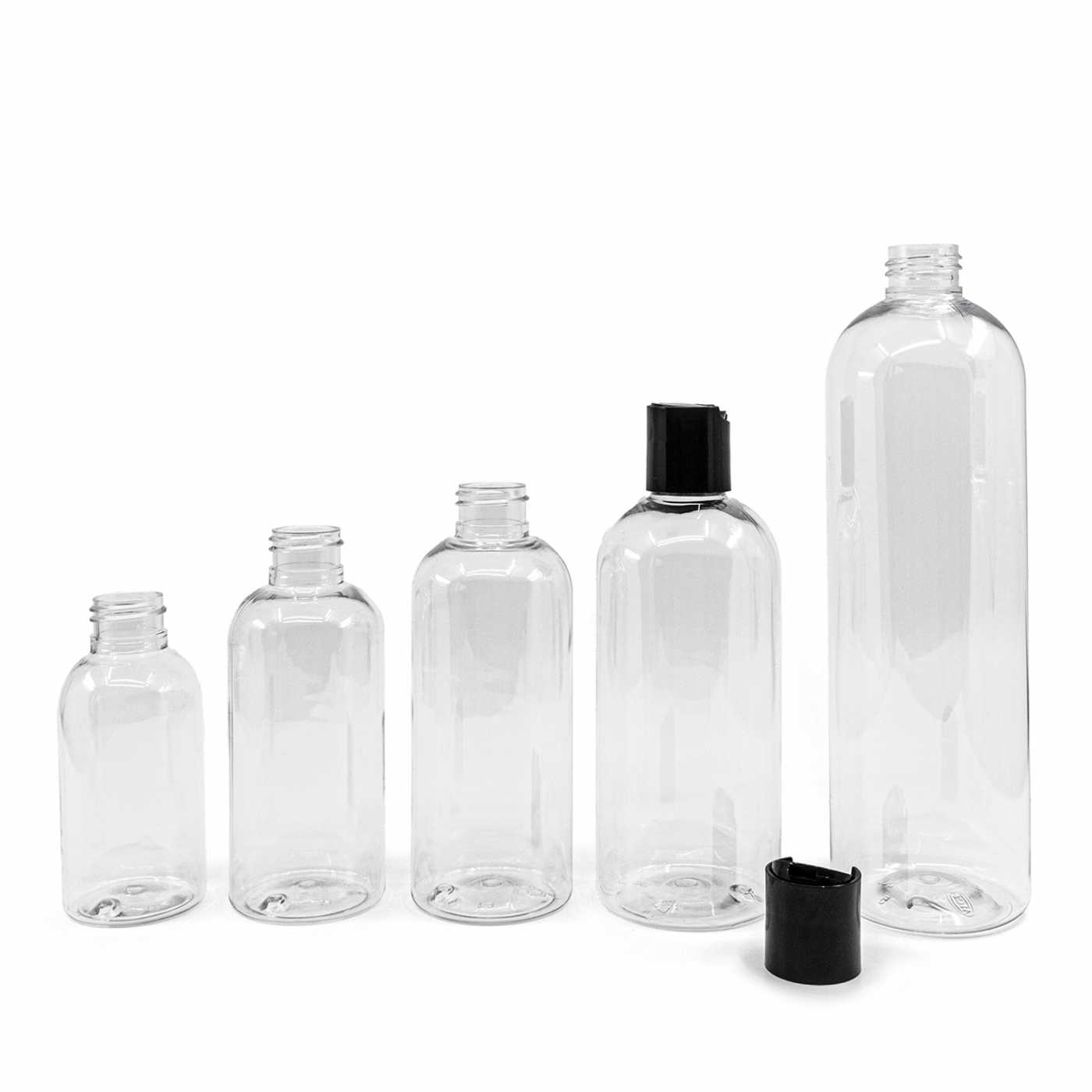 Plastová fľaša priehľadná okrúhla, disc top čierny, 300 ml