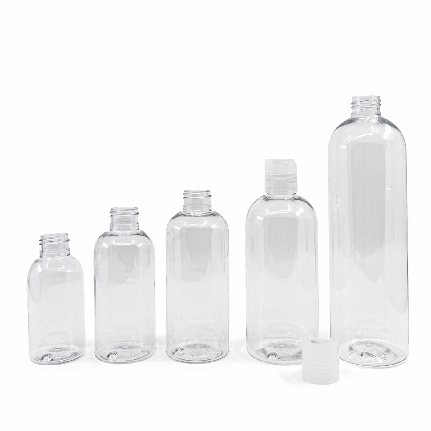 Plastová fľaša priehľadná okrúhla, disc top priehľadný, 300 ml