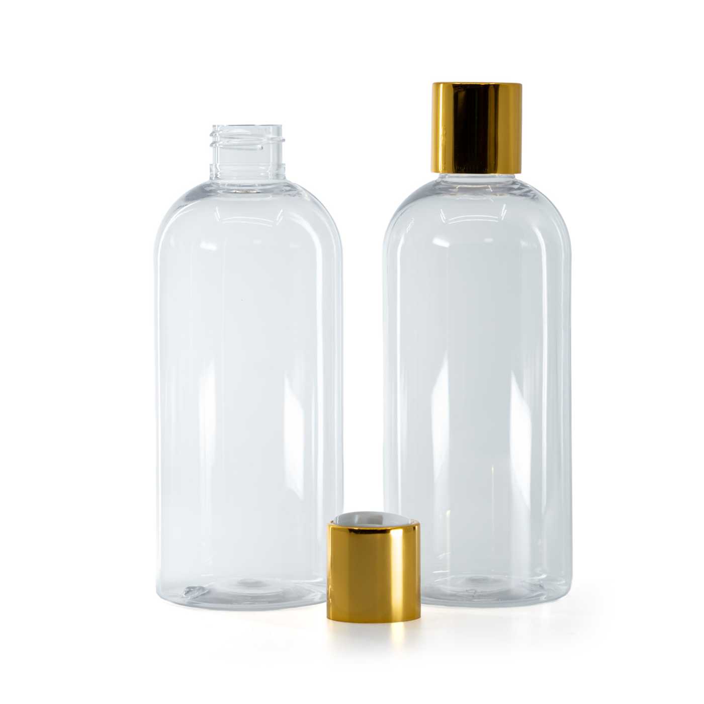 Plastová fľaša priehľadná okrúhla, disc top vrchnák, zlatý, biely stred, 300 ml